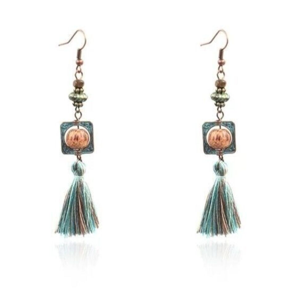 Earrings Coastal Beachy Preppy Tassel Dangle‎ Boho Bronze Tone Square Charm